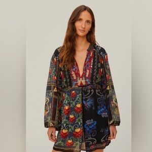 Farm Rio Black Mixed Arabesque Scarves Long Sleeve Mini Dress NWT